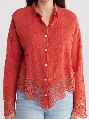 Embroidered Crochet-Hem Button Down Shirt - Rust